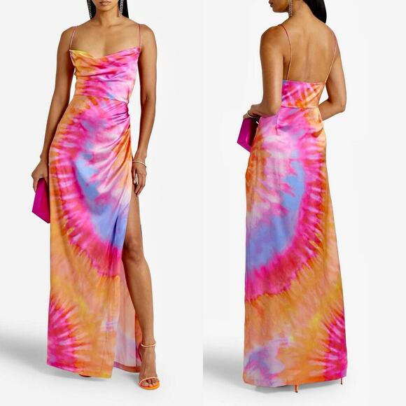Retrofete Marlene Tie-Dyed Stretch Silk Satin Maxi Dress Sunset Orange Size XS - Picture 1 of 10